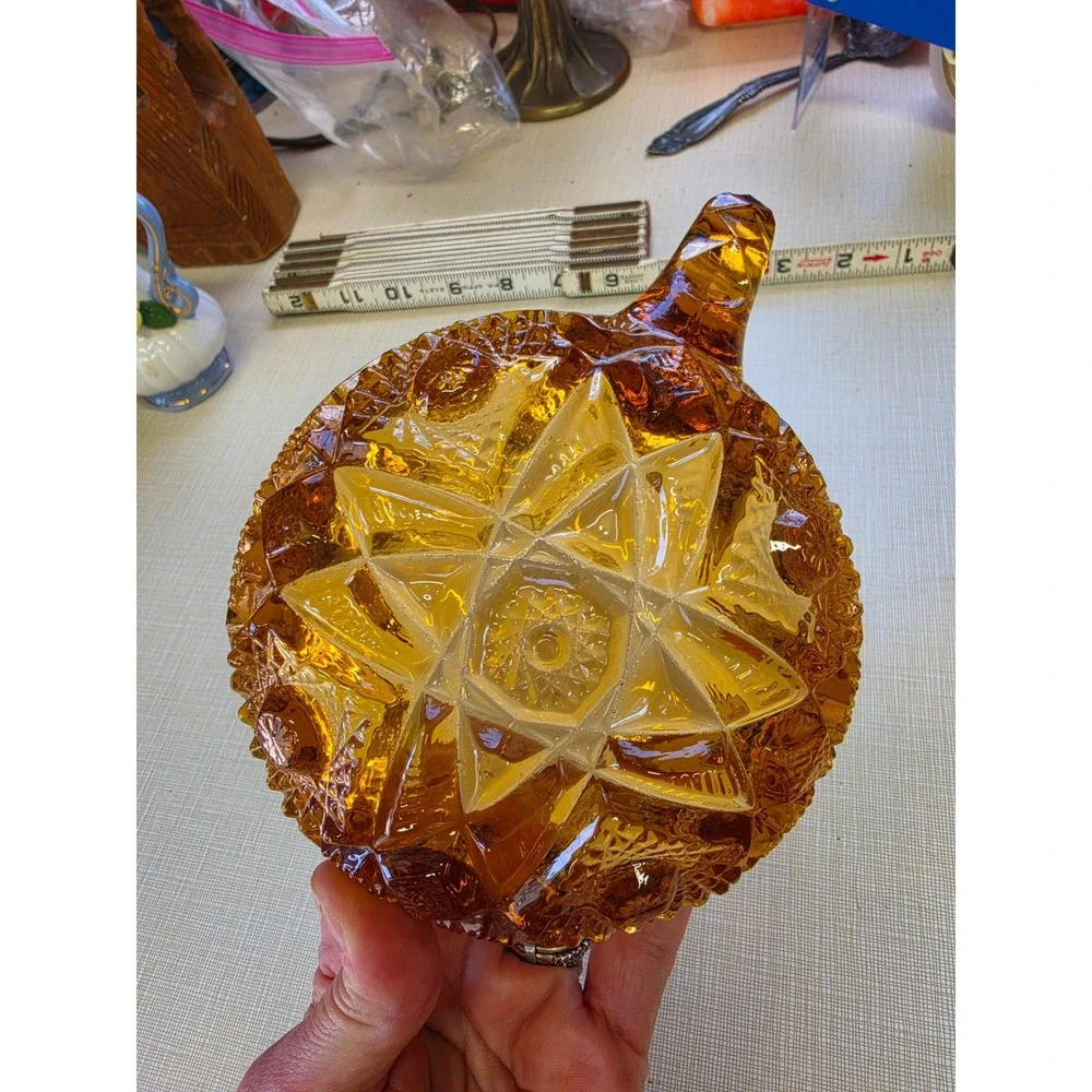 Vintage Amber Glass Nappy Bowl Starburst Diamond Point Pressed Glass Dish Handle
